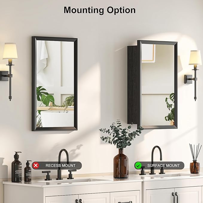 Black Bathroom Medicine Cabinet with Mirror,Beveled Aluminum Frame,16x27 Inch,Bathroom Mirror with Storage Wall Mounted,Medicine Cabinet Mirror,Assembly Required