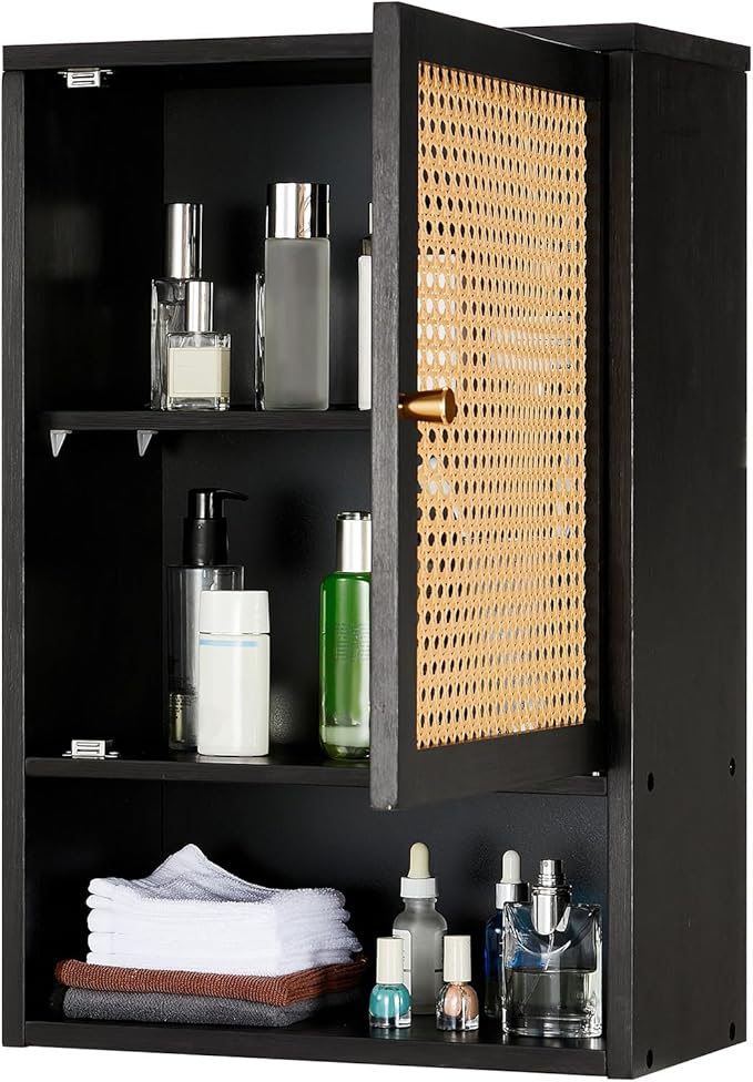 Bathroom Wall Cabinet, Bamboo Medicine Cabinet with Rattan Doors, Adjustable Shelf, Wall Mounted Storage Cabinet for Bathroom, Kitchen, Laundry Room Black