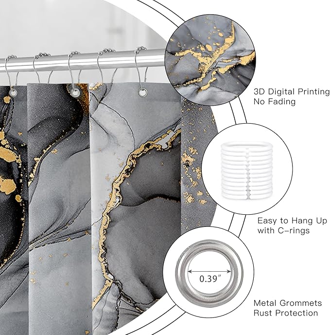 4PCS Black Grey Marble Bathroom Sets with Shower Curtain and Rugs, Abstract Shower Curtain Sets with Rugs, Modern Bathroom Curtains Shower Set Accessories with Toilet Lid Cover