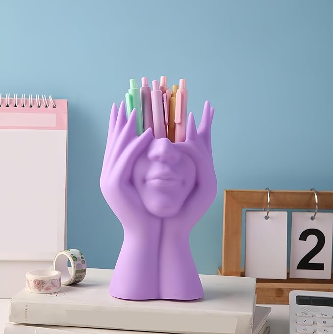 Make Up Brush Holder Organizer Face-Shaped Pen Holder Vase Organizer Abstract Art Face Hand Design Travel Cosmetic Holder | Makeup Organizer For Brushes (purple)