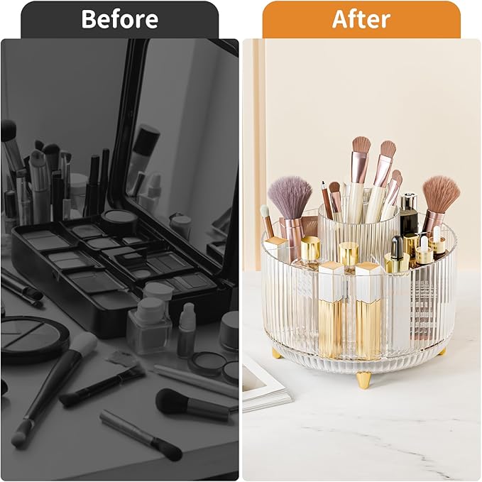 Clear Rotating Makeup Organizer Countertop for Vanity, 360?? Makeup Brush Holder Organizer with 5 Compartments, Transparent Cosmetic Storage for Lipstick, Skincare, Bathroom Counter(Transparent)