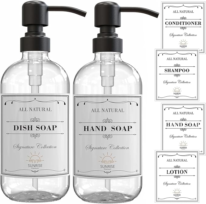 Sunrise Premium 2 Pack Clear Glass Soap Dispenser 16 OZ with Matte Black Stainless Steel Pump, Hand and Dish Soap Dispenser Set for Bathroom and Kitchen Sink with 6 Waterproof Labels