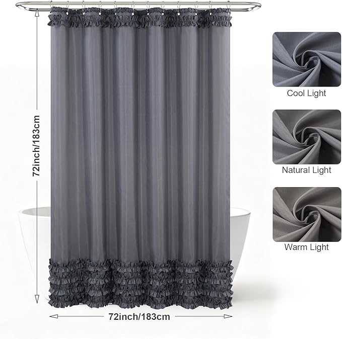 Grey Ruffle Shower Curtain, Girls Women Fabric Shower Curtain with Delicate Handcrafted Ruffles, Waterproof Ruched Farmhouse Decorative Bathroom Curtain, 72" W x 72" H
