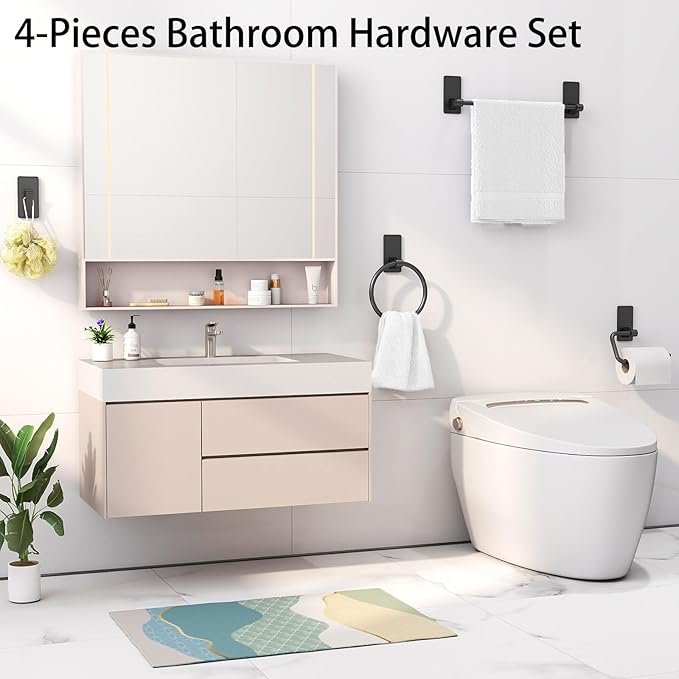 4 Pieces Bathroom Hardware Set, Stainless Steel Bathroom Accessory Set, 16 Inch Bath Towel Bar Set Self Adhesive Towel Racks for Bathroom Wall Mounted,Matte Black