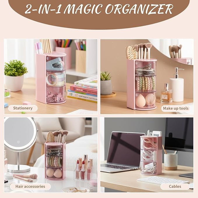 Rotating Makeup Organizer with Brush Holder & Hair Clip, 3-Tier Spinning Cosmetic Storage Case for Women, Large Capacity Toiletry Bag for Travel, Pink