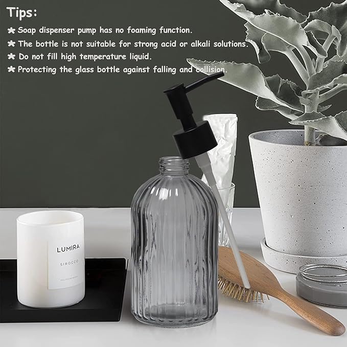 Glass Bathroom Accessories Set, 4Pcs Soap Dispenser Set Includes Soap Dispenser, Toothbrush Holder, Mouthwash Cup, Soap Dish for Home Decor, Countertop Vanity Organize (Grey)