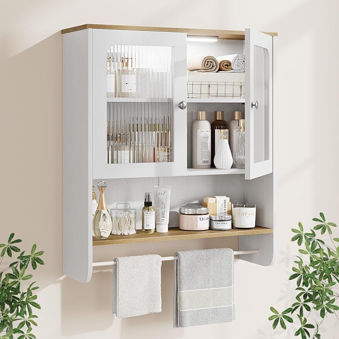 Fluted Bathroom Cabinet Wall Mounted with Towel Bar, Hanging Medicine Cabinet Organizer for Bathroom Storage w/ Motion Sensor LED Light, White Over Toilet Storage Cabinet w/ 2 Door, Adjustable Shelf