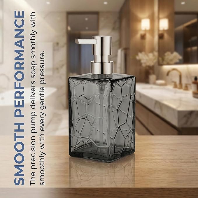 Gray Glass Soap Dispenser with Pump Geometric Texture Refillable Decorative Hand Soap Dispenser for Bathroom Kitchen Countertop