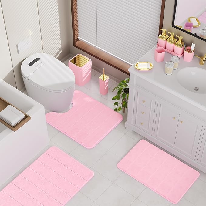 Bathroom Set - 27PC Bathroom Sets with Shower Curtain and Rugs, Pink Bathroom Set, Pink Bathroom Accessories Set with Push-lid Trash Can, Toilet Brush & Soap Dispensers