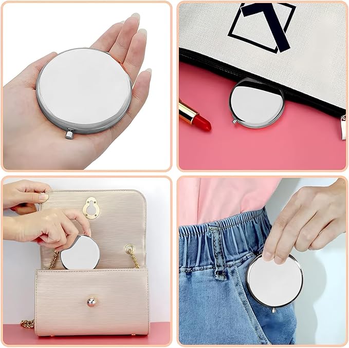 Silver Compact Mirror for Purse, Double-Sided 1X/2X Magnifying, Portable Travel Makeup Mirror, Folding Mini Pocket Mirrors(Silver)