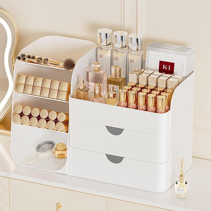 Booklov Makeup Organizer for Vanity, Countertop Cosmetic Display Case with Clear Acrylic Drawers, Bathroom Counter Beauty Caddy, Cute Table Storage Holder for Skincare, Brush Lipsticks, Crystal Green