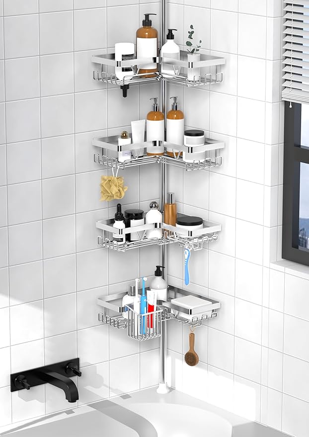 KEGII Shower Caddy Corner Tension Pole - Adjustable Corner Shower Organizer with Tooth Brush Holder, No Drilling Rustproof Bathroom Shelf Storage Rack, Fits 25-114.2 Inch, Silver