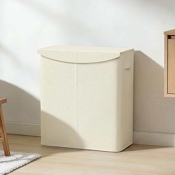lifewit 137L Dual Laundry Hamper with Lid, 2 Compartments Tall Clothes Hamper with Easy Carry Bag and Handles, Foldable Laundry Bin for Dirty Clothes in Bathroom Bedroom, White