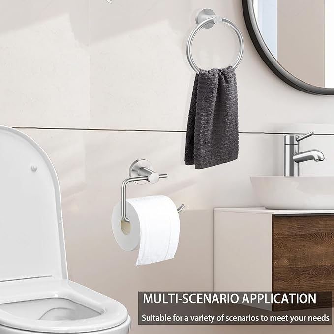Towel Ring and Toilet Paper Holder Set, Stainless Steel Bath Towel Hanger and Tissue Roll Holders, Bathroom Hardware Accessories Wall Mounted 2 Pieces (Brushed Nickel)