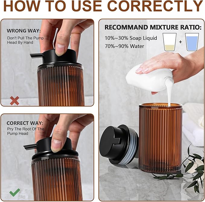 KASUNTING Foaming Soap Dispenser, Amber Glass Foam Hand Soap Dispenser for Bathroom, 11 Fl Oz Ribbed Refillable Foaming Pump Bottle with Black Pump, Modern Dish Soap Foam Dispenser