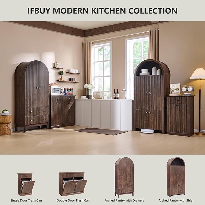 IFBUY Modern Tilt Out Laundry Hamper Cabinet, 10 Gallon Fluted Trash Can Cabinet with Drawer, Wooden Hidden Garbage Can Cabinets with Laundry Basket, Free Standing for Bathroom and Kitchen, Brown