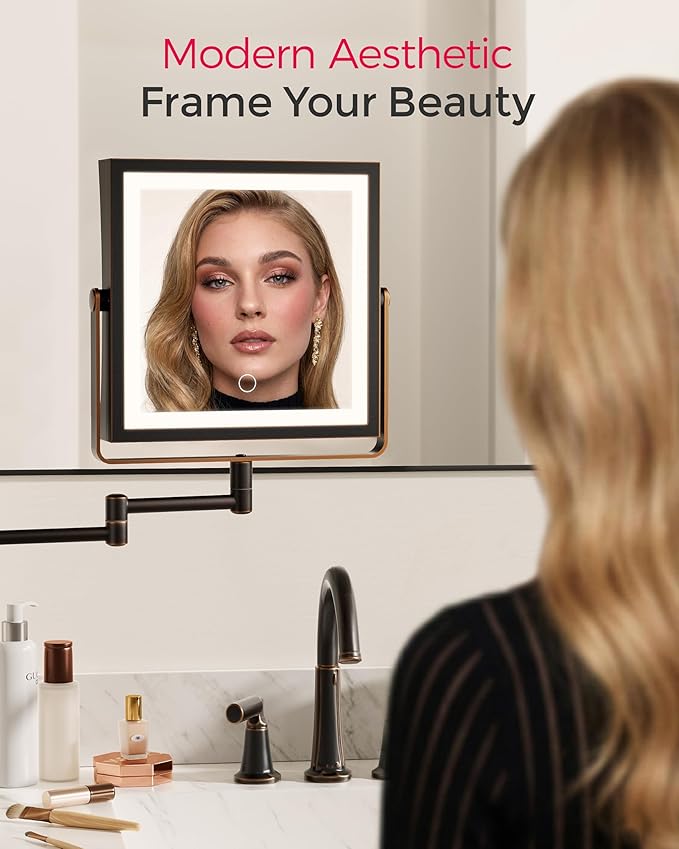 Rechargeable Wall Mounted Makeup Mirror with Lights, 4000mAh Double Sided 1X/10X Magnifying Vanity Mirror with 3 Color Lights, Touch Dimmable, 360° Extension Foldable Arm(Oil Rubbed Bronze