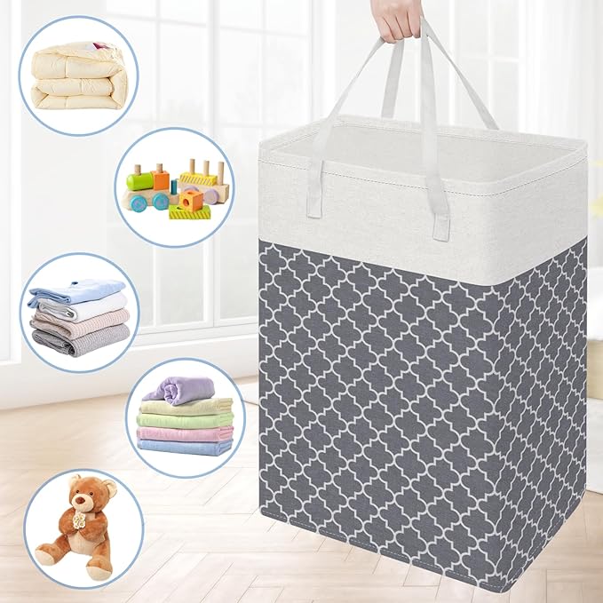 BlissTotes 3-Pack Laundry Basket, Freestanding&Waterproof Laundry Hamper, Collapsible Tall Clothes Hamper with Easy Carry Handles for Clothes, Towels in the Family and Dorm,Clover Grey,100L