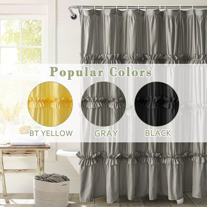 Farmhouse Ruffle Shower Curtain with Handmade Ruched, Vintage Ruffled Fabric Bathroom Curtains, Decorative Elegant Bathroom Curtain with 12 Holes, Gray, 72" W x 72" H(N60049)