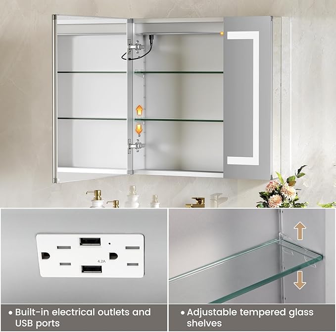 24x26 Inch Bathroom Medicine Cabinet with Mirror, Lighted Bathroom Mirror with Storage, Recessed /Surface Mount Medicine Cabinet with Socket & USB, Anti-Fog, 3 Colors Temperature, Dimmable Light