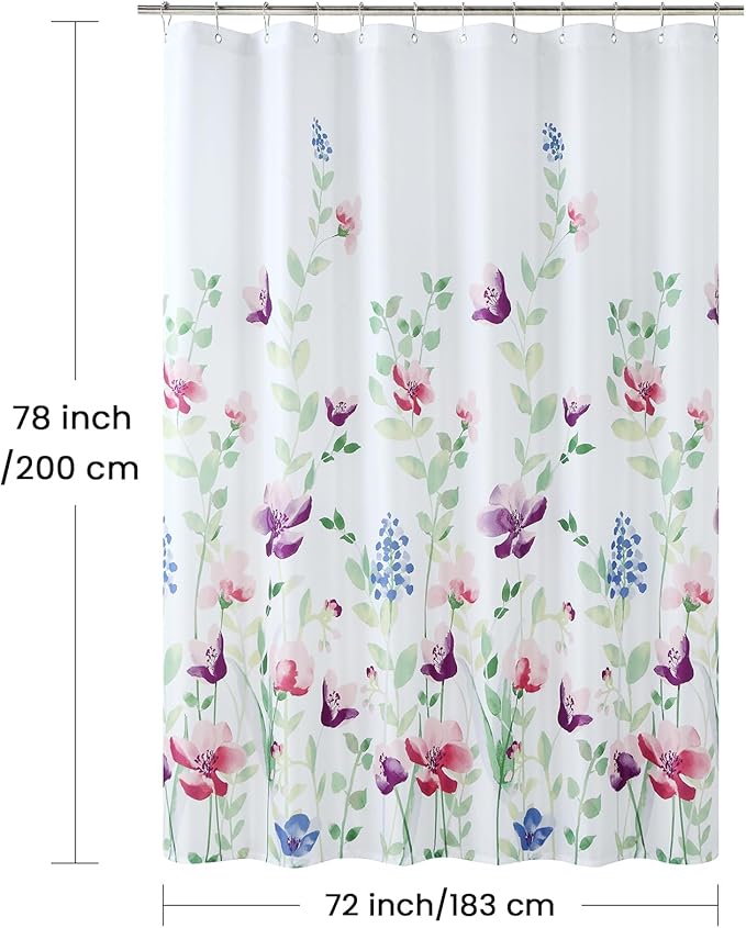 Long Fabric Floral Shower Curtain, Green Pink Purple Blue Watercolor Flower Shower Curtains for Bathroom, Waterproof Bathroom Curtains, 72" W x 78" H