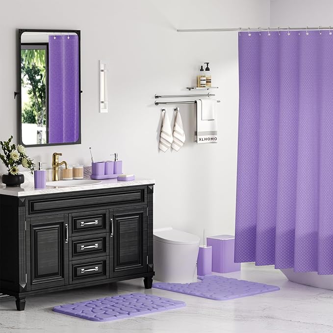 XLHOMO Bathroom Accessories Set - 25PC Bathroom Sets with Shower Curtain and Rugs, Purple Bathroom Accessories with Trash Can, Soap Dispenser, Soap Dish & Toilet Brush