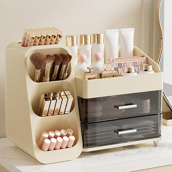 Covzoe Large Makeup Organizer with Drawers, Spacious Cosmetics Display Case with Brush Holder for Vanity, Skin Care Storage Solution for Lipstick Eyeshadow Palettes Beauty Essential Bathroom