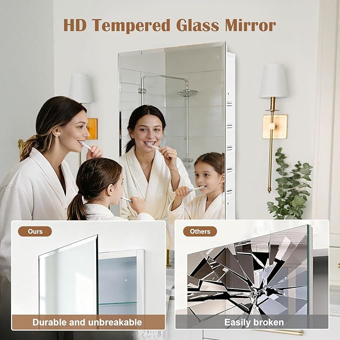 16x20'' Bathroom Medicine Cabinet Mirror with Storage, Surface Mount or Recessed Medicine Cabinet with 3-Tiered Adjustable Tempered Glass Shelves