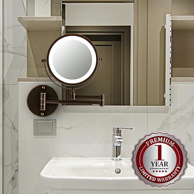OVENTE Wall Mounted Lighted Makeup Mirror, 7" Double Sided 1X/7X Magnifying Vanity Mirror for Bathroom with LED Lights, Cordless, 360° Rotation and 13" Extendable Arm, Antique Bronze MFW70ABZ1X7X