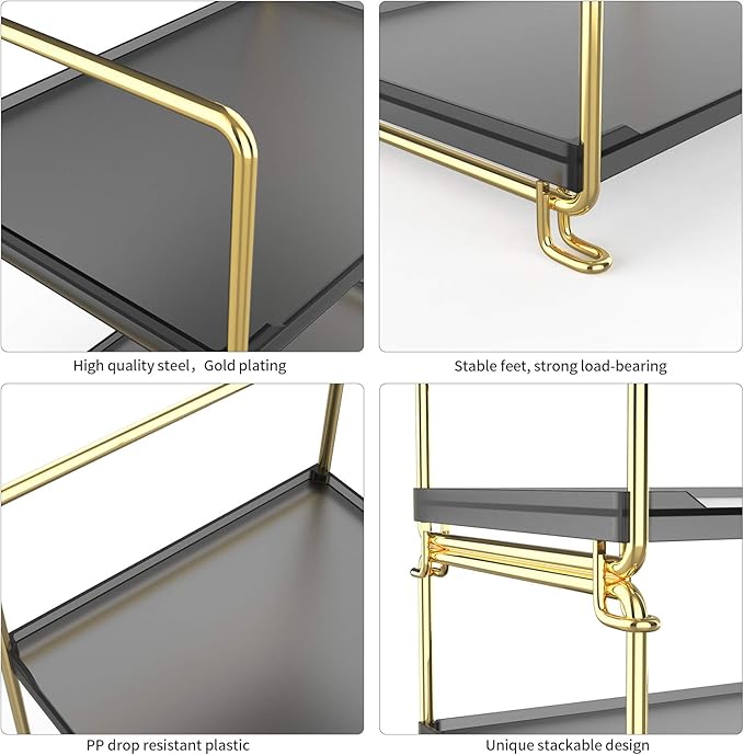 2-Tier Spice Rack Bathroom Organizer Countertop Storage Shelf, Cosmetic Storage Rack Standing Counter Shelf (Gold + Black)