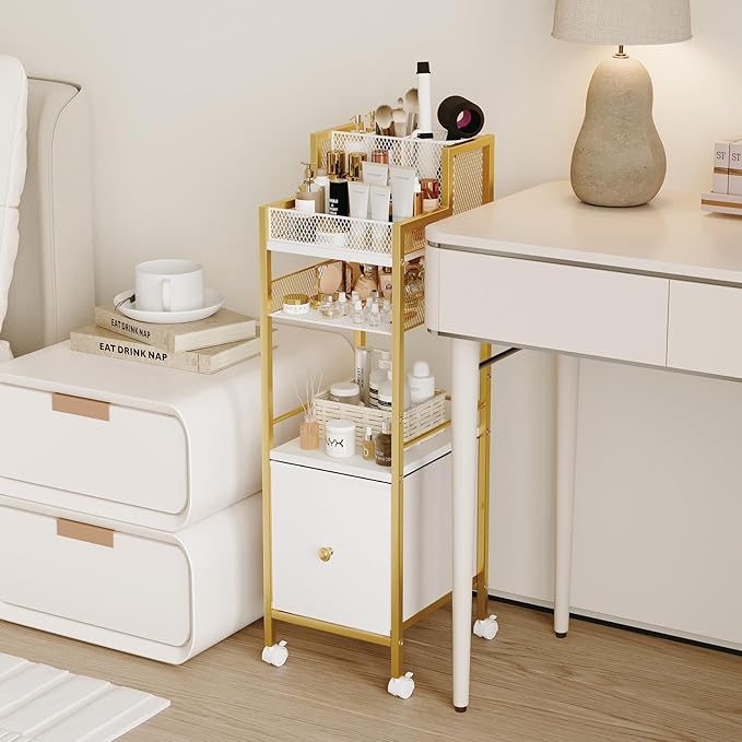 Makeup Organizer Storage Cart with Drawers, Large Floor Makeup Skincare Organizers, Rolling Makeup Cart Vanity Organizer Cosmetics Display Cases Holder for Nail Polish Brush Hair Tool(Gold)
