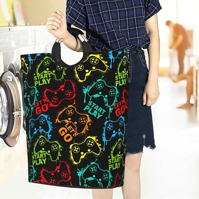 Colorful Game Joystick Silhouettes Large Laundry Hamper Gaming Theme Storage Basket Toys Clothes Organizer Bin For Home Bathroom Bedroom Dorm Nursery, 60l