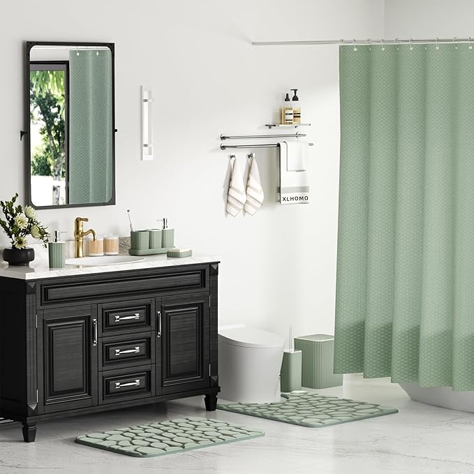 XLHOMO Bathroom Accessories Set - 25PC Sage Bathroom Set, Bathroom Set with Shower Curtain and Rugs, Sage Green Shower Curtain Set, Bathroom Accessory Set, Trash Can & Soap Dispenser