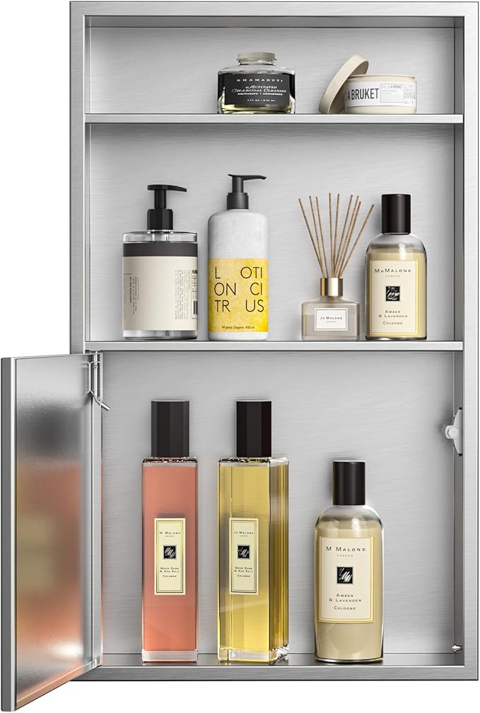 Recessed Medicine Cabinet with Door 24" X 14" Brushed Wall Medicine Cabinets with 3-Tier Shelf 304 Stainless Steel Niche Shower for Bathroom Storage