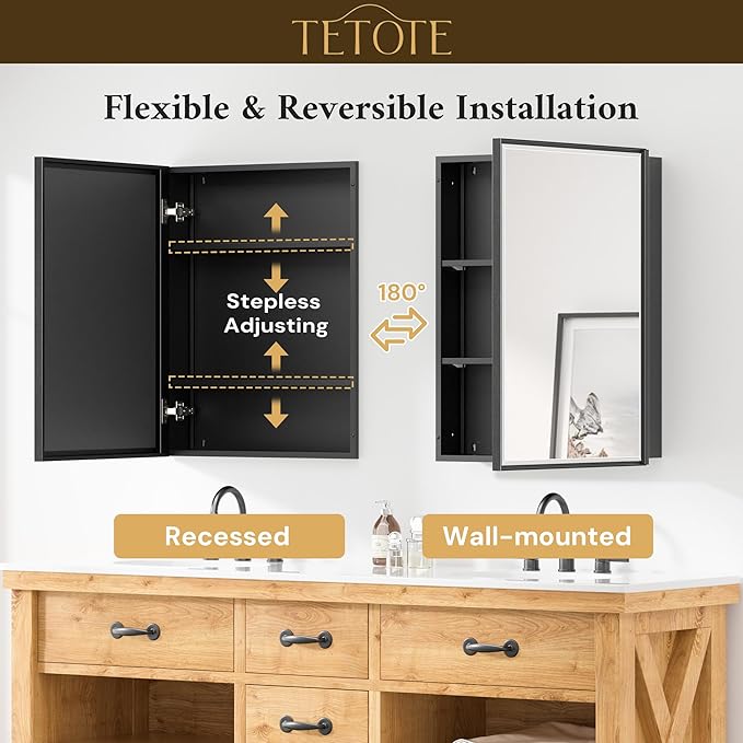 TETOTE 20" x 26" Recessed Medicine Cabinets Black Bathroom Storage with Mirror Beveled Edge Aluminum Frame Adjustable Shelves Wall-Mounted