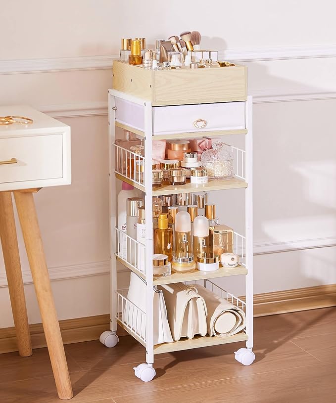 Enthralite Makeup Storage Organizer for Bedroom: Make Up Holder with Drawer - Vanity Organization for Skincare Cosmetic Brush Beauty Accessories