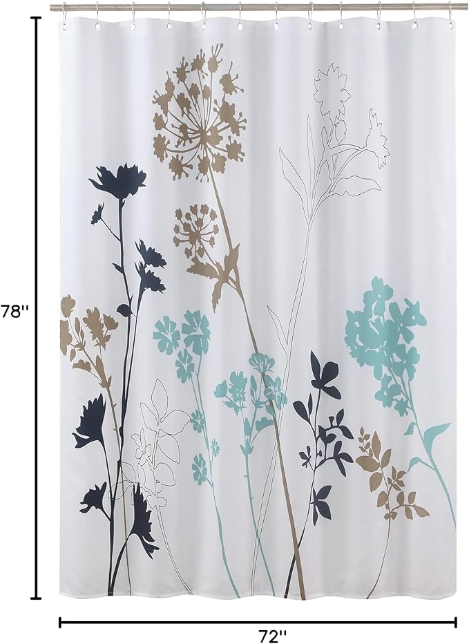 Blue and White Floral Shower Curtain, Teal Brown Flower Fabric Shower Curtain for Bathroom, Waterproof Washable Plant Decorative Bathroom Shower Curtains, 72" W X 78" H