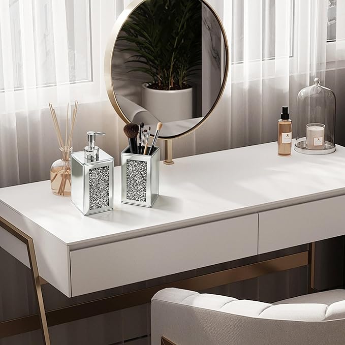 Bathroom Accessories Set, Square 2 Pack Silver Glass Soap Dispenser & Toothbrush Holder with Mirror Finish & Sparkling Diamond Accents, Modern Bathroom Countertop Decor