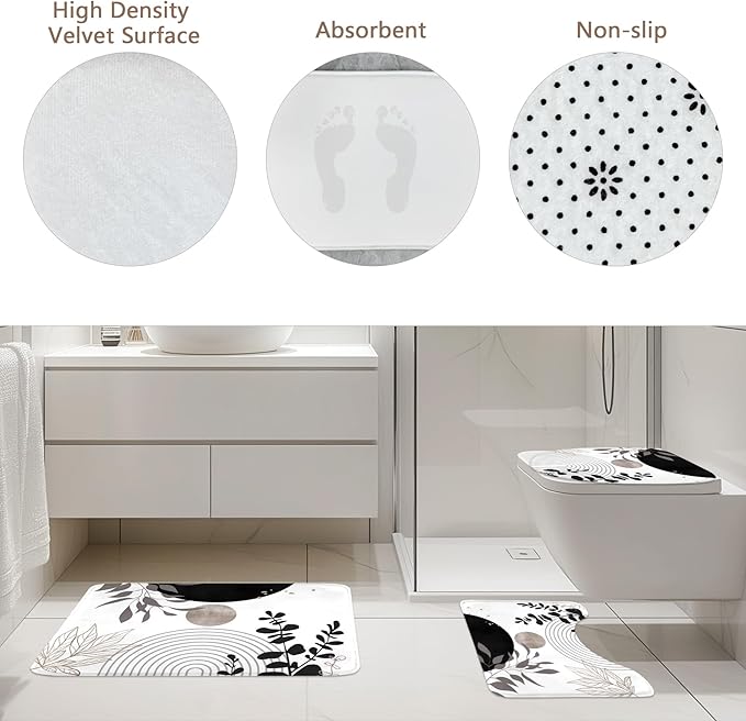 Riyidecor Black White Boho 4Pcs Bathroom Shower Curtain Sets Gray Retro Abstract Leaves Bathroom Decor Set with Rugs and Accessories Modern Neutral Toilet Lid Rug, Contour and Bath Mat with 12 Hooks