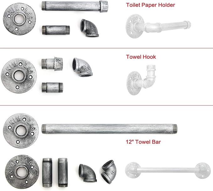HouseAid 3-Pieces Industrial Pipe Towel Holder Set, Rustic Steel Towel Rack Kit, Farmhouse Vintage Style Towel Bar Accessories for Bathroom, Wall Mounted, Antique Silver