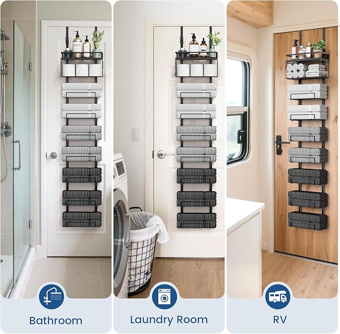 Aetyord Towel Racks for Bathroom Over The Door Towel Racks Towel Storage Organizer with Metal Shelf Basket for Bathroom Rv Camper (9-Tier Black)