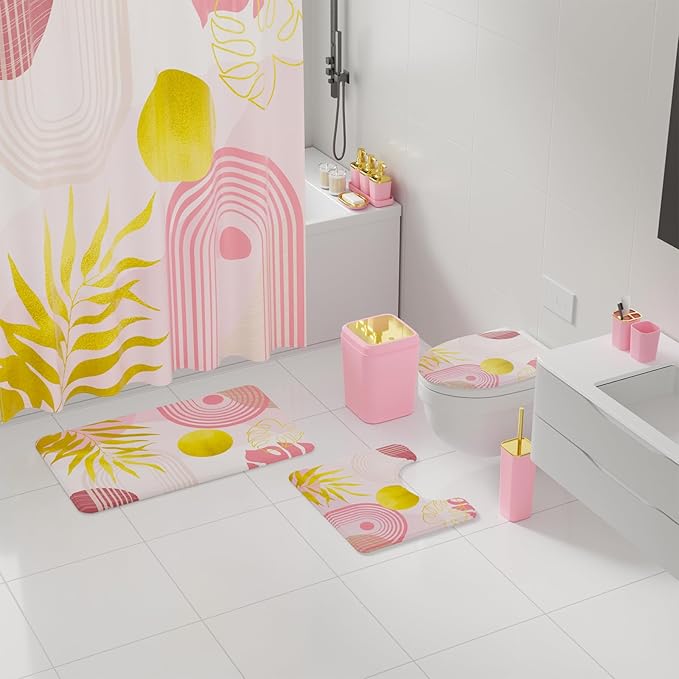 Bathroom Accessories Set - 27PC Bathroom Sets with Shower Curtain and Rugs, Pink Bathroom Set, Pink Bathroom Accessory Set with Trash Can, Toilet Brush & 3 PC Soap Dispensers
