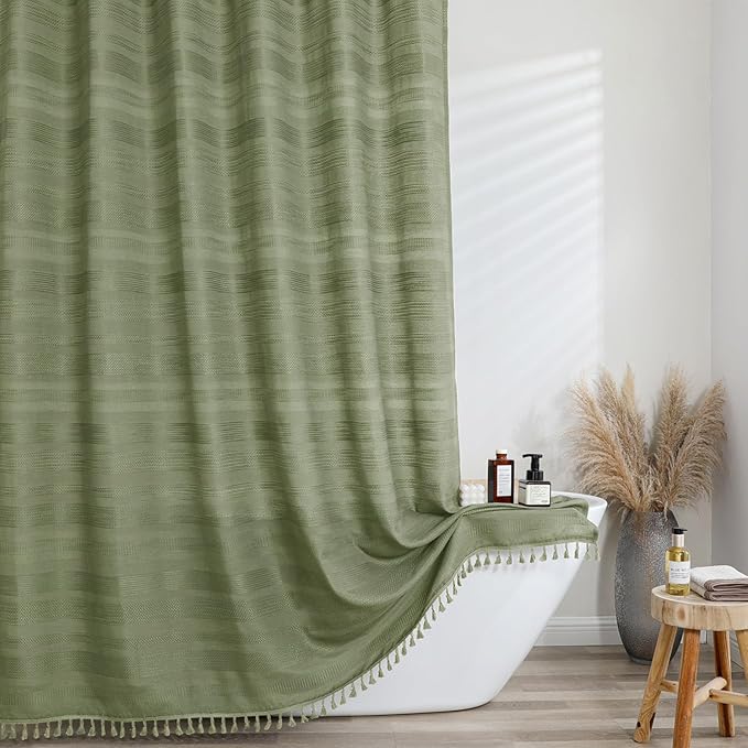 OVZME Sage Green Shower Curtain for Bathroom, Boho Linen Textured Shower Curtain with Tassel, Rustic Striped Heavy Duty Vintage Country Bathroom Curtain, 72Wx72L Inches