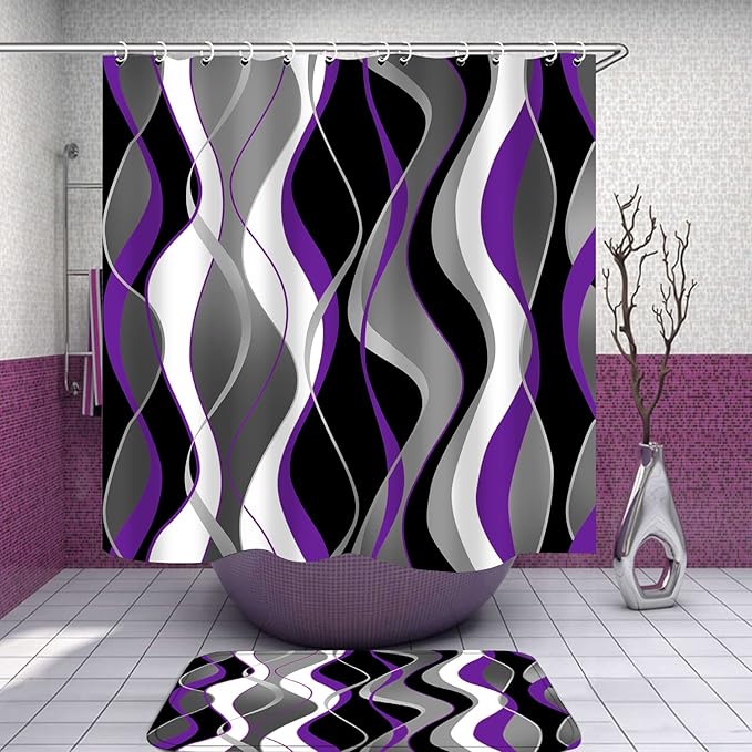Nkzply 4 Pcs Purple Shower Curtain Black Bathroom Sets with Shower Curtain and Rugs Grey Modern Striped Shower Curtain Set White Bathroom Rugs Set Bathroom Decor and Accessories Toilet Lid Cover Hooks