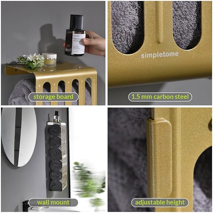 simpletome Towel Storage Rack Adjustable Height Wall Mount Bathroom Shelf Organizer Carbon Steel (Warm Gold)