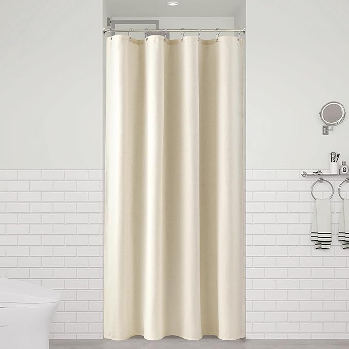 Naturoom Warm Beige 42 Inch Shower Curtain - Stall Narrow Half Linen Ultra Thick Fabric Shower Curtain Set with Hooks, Boho Farmhouse Rustic RV Camper Bath Curtains for Bathroom, 42x72