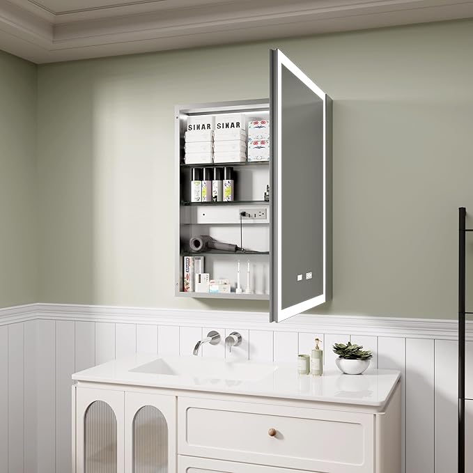 LED Medicine Cabinet Mirror with Lights, 24x30 Inch Bathroom Storage, Recessed/Wall Mount, Plug-in/Hardwired, 3 Color Dimmable Light, Anti-Fog, Time Temp Display, Right Hinge