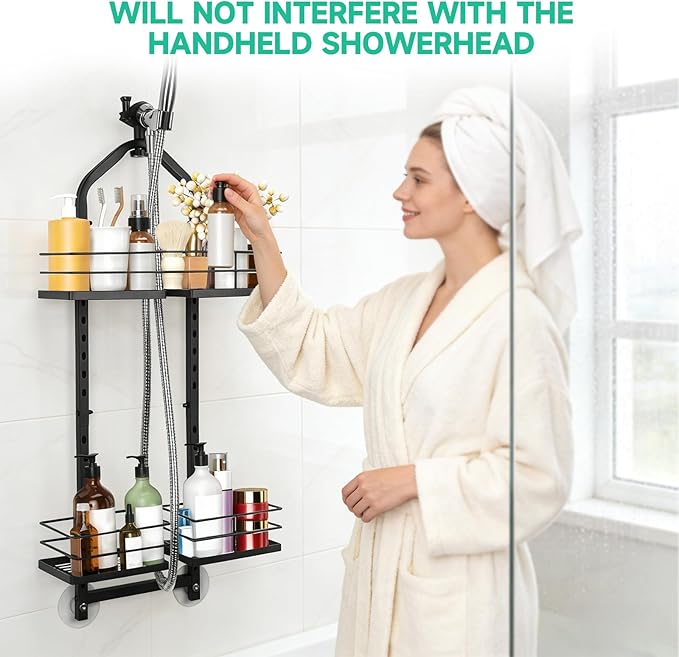 Shower Caddy Hanging for Handheld Showerheads Adjustable Height Extra Long Bathroom Storage Organizer Hanger Rack Rustproof Hose Shower Organizer 4 Levels Height Shower Rack(black