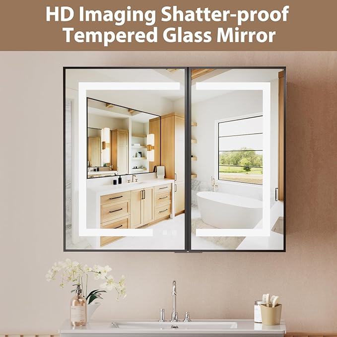 LOVMOR Led Medicine Cabinet with Mirror, Bathroom Vanity Mirror Cabinet with Shelves, 3-Color Lights Dimmer, Black 32" H x 40" W