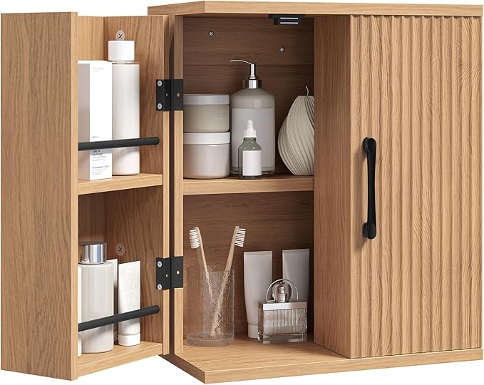 YATINEY Bathroom Wall Cabinet, Medicine Cabinet Wall Mounted, Over The Toilet Storage Cabinet, Fluted Cabinet with 2 Doors, for Bathroom, Kitchen, Laundry Room, Natural